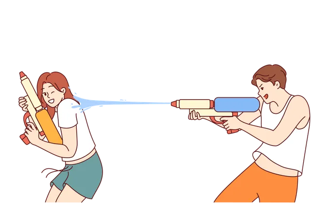 Jogo de pistola de água para meninos e meninas alegres que gostam de ser encharcados com água em um dia quente de verão  Ilustração