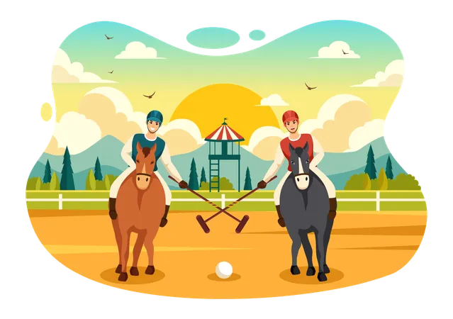 Jogo de polo a cavalo  Ilustração