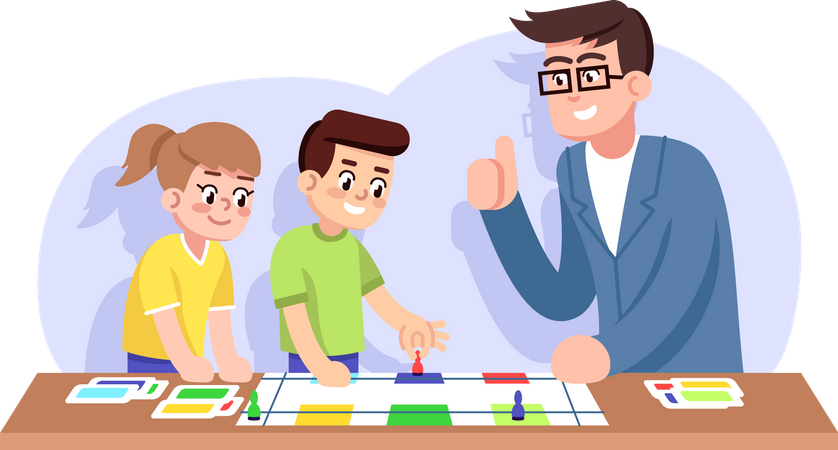 Crianças e professor jogam jogo de tabuleiro educativo  Ilustração
