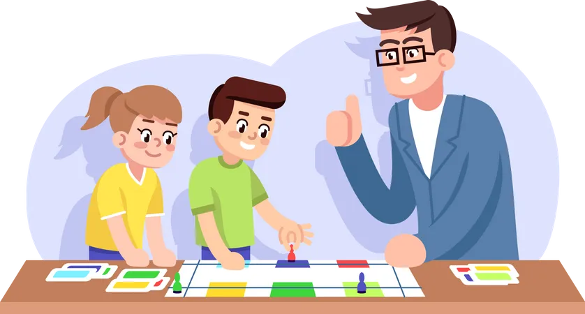 Crianças e professor jogam jogo de tabuleiro educativo  Ilustração