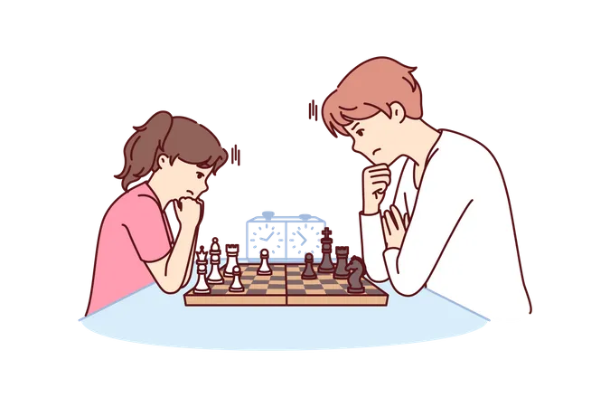Jogo de xadrez entre homem e adolescente durante treinamento de grande mestre profissional  Ilustração
