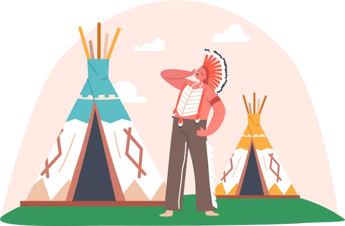 Jogos de RPG para crianças, atividades de acampamento de verão e reconstituição histórica, roupas infantis, índio aborígine americano  Ilustração