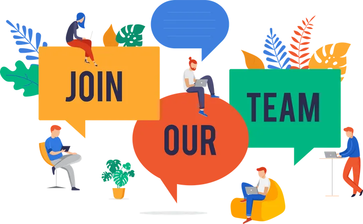 Join Our Team We Are Hiring Concept Image Concept Vector Illustration Of A Group Of Young People With Giant Speech Bubbles Illustration