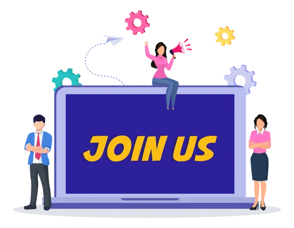 Join Us Vector Concept Business People Standing With Join Us Text On The Screen Illustration