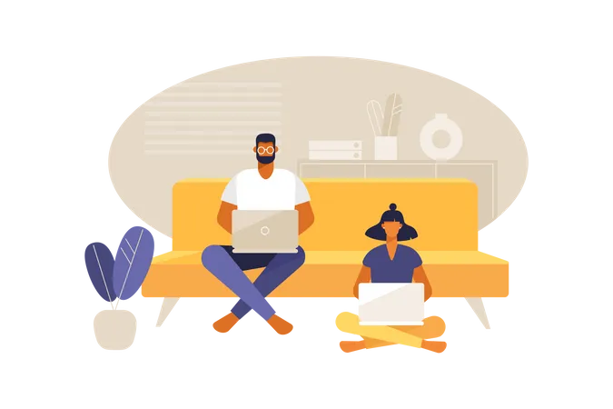 Vector Illustration Of Modern Business Man And Woman Remotely Work Together At Computers In A Home Office Illustration