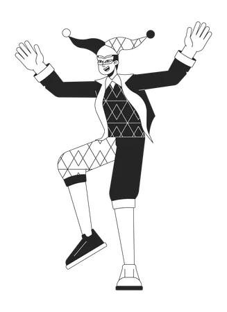 Joker In Medieval Costume Flat Line Black White Vector Character Funny Man Dancing Entertainment Editable Outline Full Body Person Simple Cartoon Isolated Spot Illustration For Web Graphic Design Illustration
