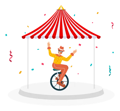 Joker riding one wheel cycle in circus  Illustration