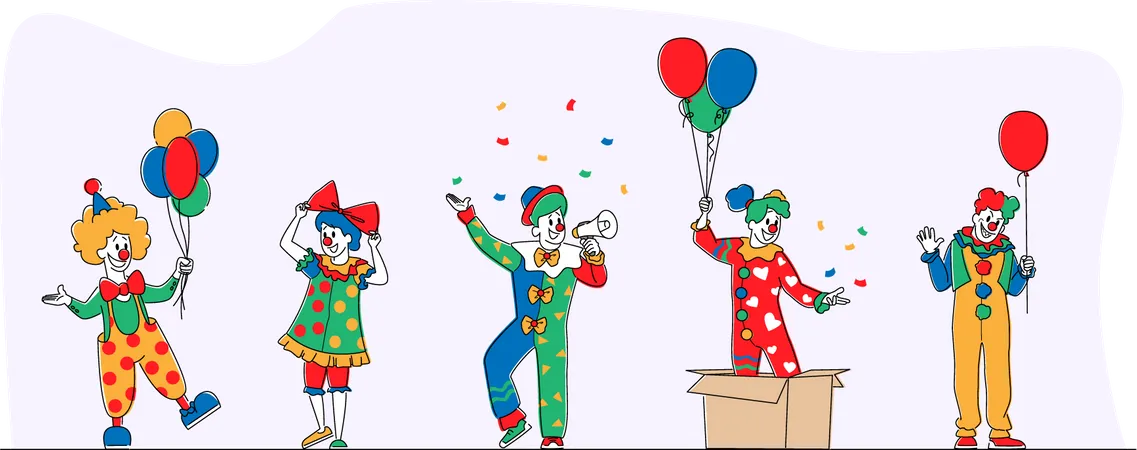 Big Top Circus Clowns Funny Carnival Funsters Male And Female Characters Or Jesters In Bright Costumes Periwig Makeup And Fake Nose Performing Show On Stage Linear People Vector Illustration 일러스트레이션