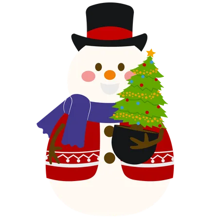 Joli bonhomme de neige avec sapin de Noël  Illustration