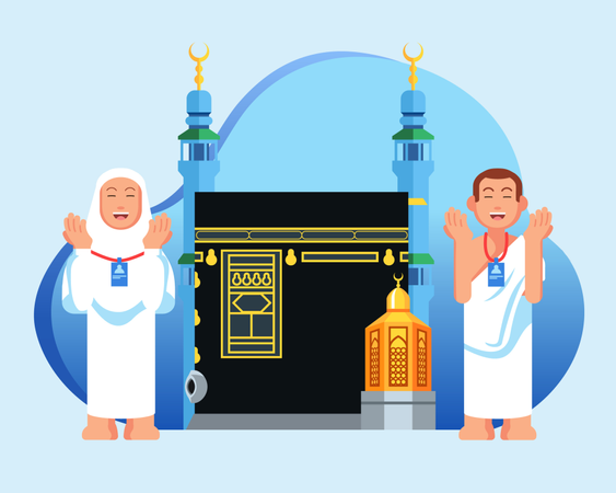 Joli couple de pèlerins musulmans devant la Kaaba et Maqam Ibrahim. Convient aux graphiques d'informations.  Illustration