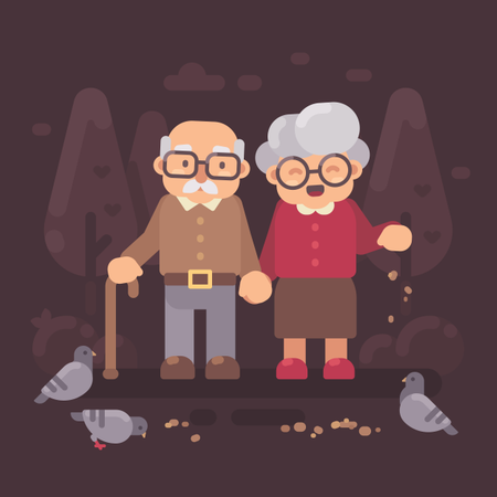 Joli vieux couple marchant dans le parc et nourrissant des pigeons  Illustration