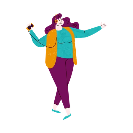 Une jolie femme en surpoids danse tout en écoutant de la musique à l'aide d'une application pour téléphone portable et d'un casque  Illustration