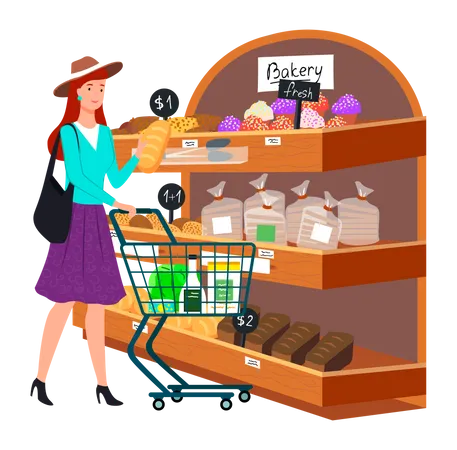 Jolie femme faisant des courses pour l'épicerie  Illustration