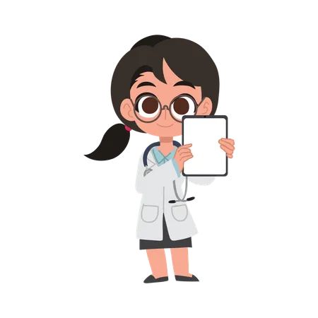 Médecin de dessin animé mignon tenant une tablette avec des résultats médicaux dans les soins de santé numériques  Illustration