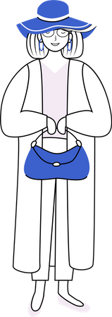 Jolie femme portant une veste et un chapeau élégants  Illustration