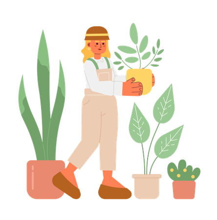 Jolie femme tenant une plante d'intérieur  Illustration