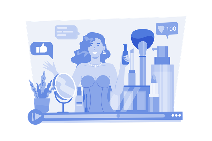 Une jolie femme vlogueuse réalisant une vidéo d'une revue de produits cosmétiques  Illustration