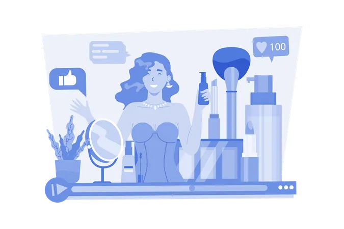 Une jolie femme vlogueuse réalisant une vidéo d'une revue de produits cosmétiques  Illustration