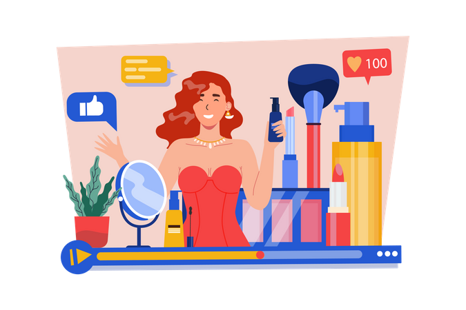 Une jolie femme vlogueuse réalisant une vidéo d'une revue de produits cosmétiques  Illustration