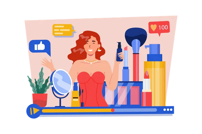 Une jolie femme vlogueuse réalisant une vidéo d'une revue de produits cosmétiques  Illustration