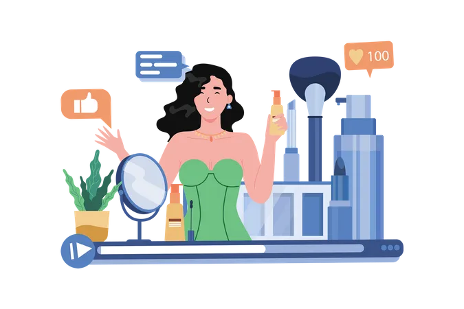 Une jolie femme vlogueuse réalisant une vidéo d'une revue de produits cosmétiques  Illustration