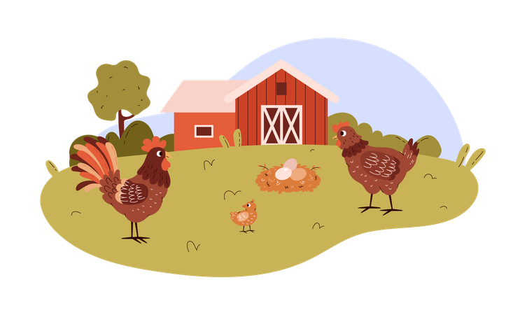 Ferme avicole mignonne avec une famille de poulets  Illustration