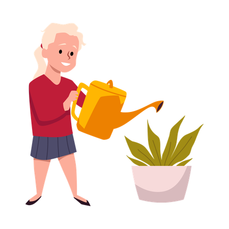 Jolie fille arrosant une plante dans un pot  Illustration