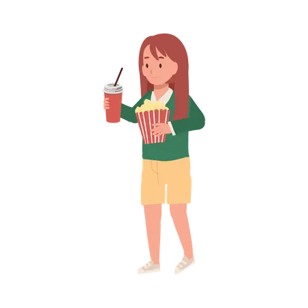 Jolie fille avec un seau de pop-corn et un verre de boisson gazeuse  Illustration