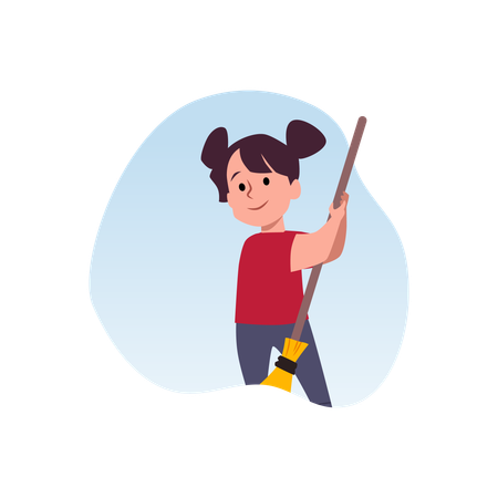 Une jolie petite fille balaie avec un balai jaune  Illustration