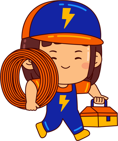 Jolie fille d'électricien tenant une boîte à outils et un faisceau de fils  Illustration