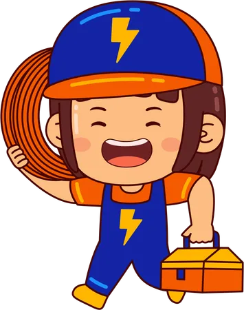 Jolie fille d'électricien tenant une boîte à outils et un faisceau de fils  Illustration