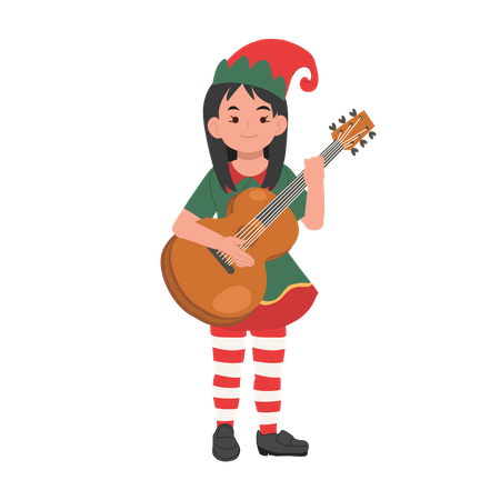 Jolie fille elfe de Noël joue de la guitare  Illustration