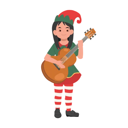 Jolie fille elfe de Noël joue de la guitare  Illustration