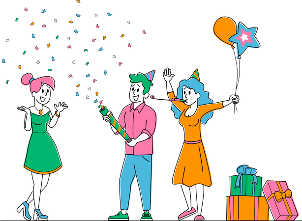Jolie fille joyeuse étonnée par la fête surprise de ses amis pour son anniversaire  Illustration