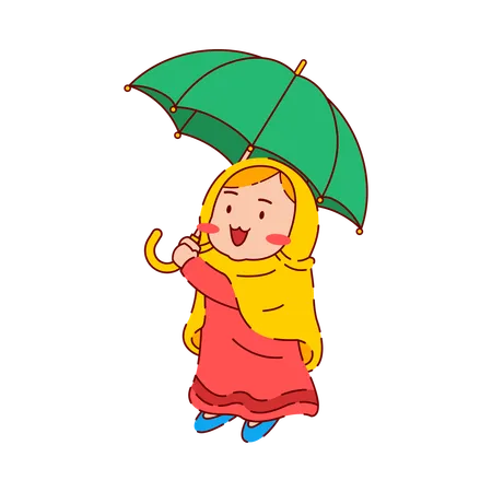 Jolie fille musulmane Chibi tenant un parapluie  Illustration