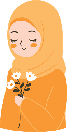 Personnage mignon de fille musulmane souriant portant le hijab tenant une fleur  Illustration