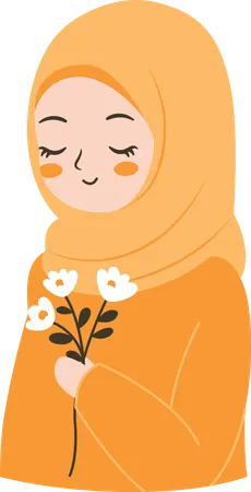 Personnage mignon de fille musulmane souriant portant le hijab tenant une fleur  Illustration