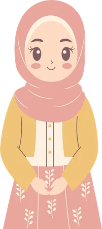 Jolie fille musulmane portant un hijab et une tenue à la mode tout en souriant  Illustration