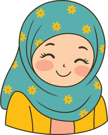 Jolie fille musulmane portant un hijab bleu à motifs tout en souriant  Illustration