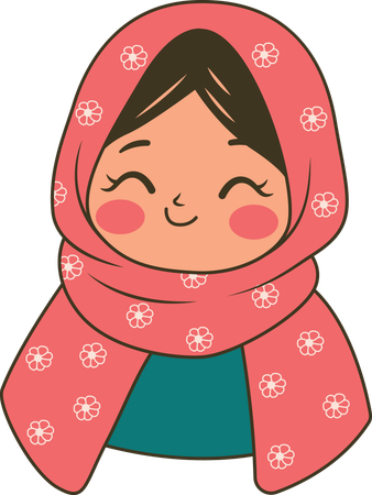 Jolie fille musulmane portant un hijab rose à motifs tout en souriant  Illustration