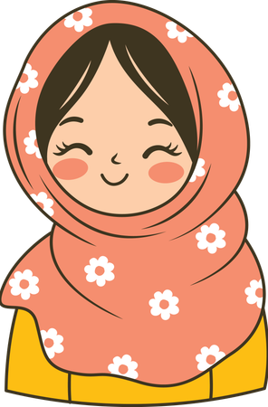 Jolie fille musulmane portant un hijab rose à motifs tout en souriant  Illustration