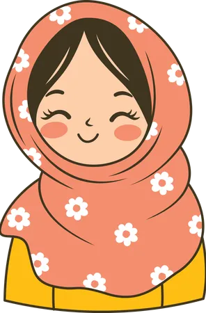 Jolie fille musulmane portant un hijab rose à motifs tout en souriant  Illustration