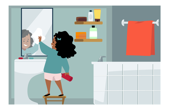 Jolie fille nettoyant le miroir de la salle de bain  Illustration