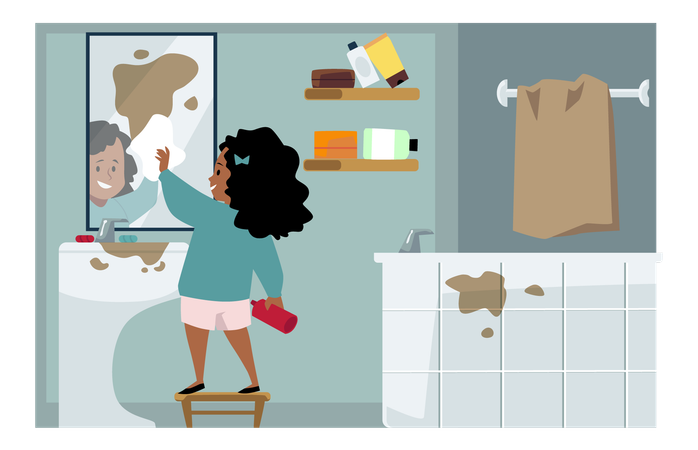 Jolie fille nettoyant le miroir de la salle de bain  Illustration