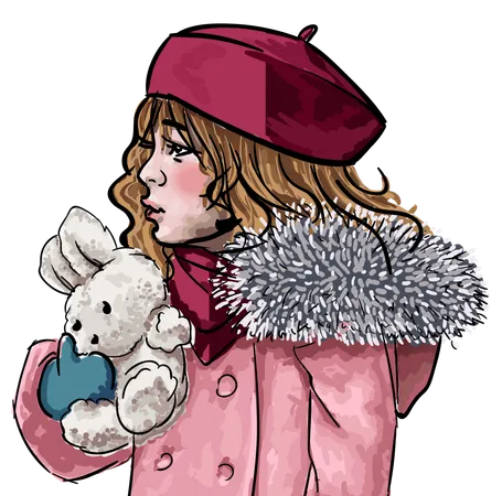 Jolie fille portant des vêtements d'hiver tenant un lapin en peluche  Illustration