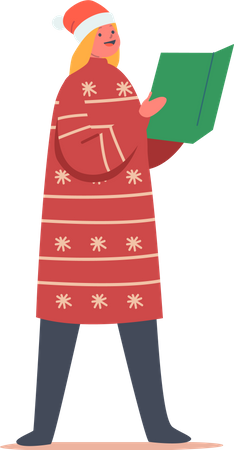 Jolie fille porte un chapeau de Père Noël chantant des chansons de Noël  Illustration