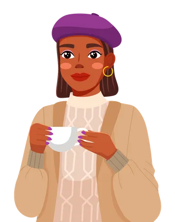 Jolie fille tenant une tasse de café  Illustration