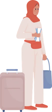 Jolie jeune femme avec bagages et billet d'avion  Illustration