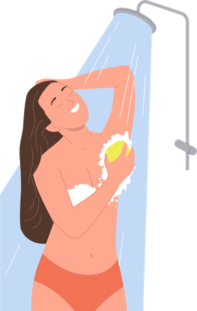 Jolie jeune femme prenant une douche et nettoyant son corps avec du savon et une éponge  Illustration