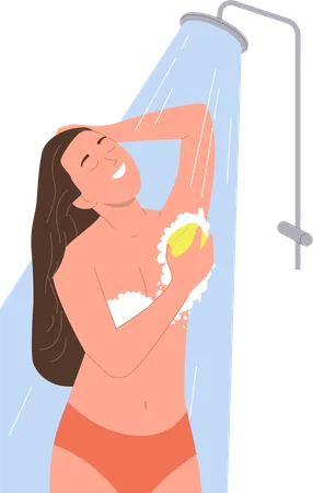 Jolie jeune femme prenant une douche et nettoyant son corps avec du savon et une éponge  Illustration